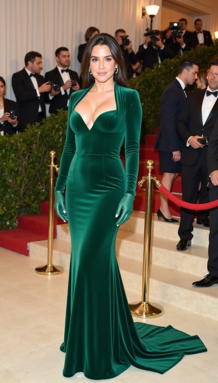 A glamorous woman on a luxury gala red carpet wearing a bright emerald-green vel