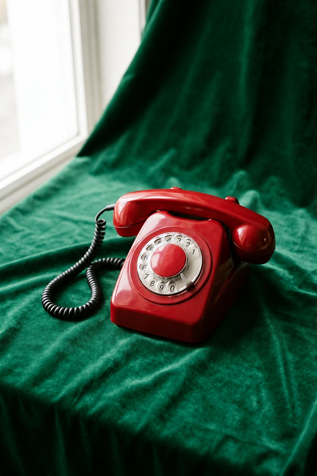A red rotary telephone on emerald-green velvet with the receiver on the
cradle