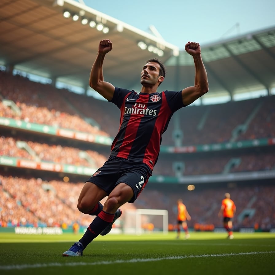man in a dramatic athletic pose, arms raised in triumph, wearing a professional soccer jersey and shorts, sweaty and euphoric, in the midst of a bustling stadium with cheering fans and blurred movement in the background, capturing the raw emotion of scoring the first goal.