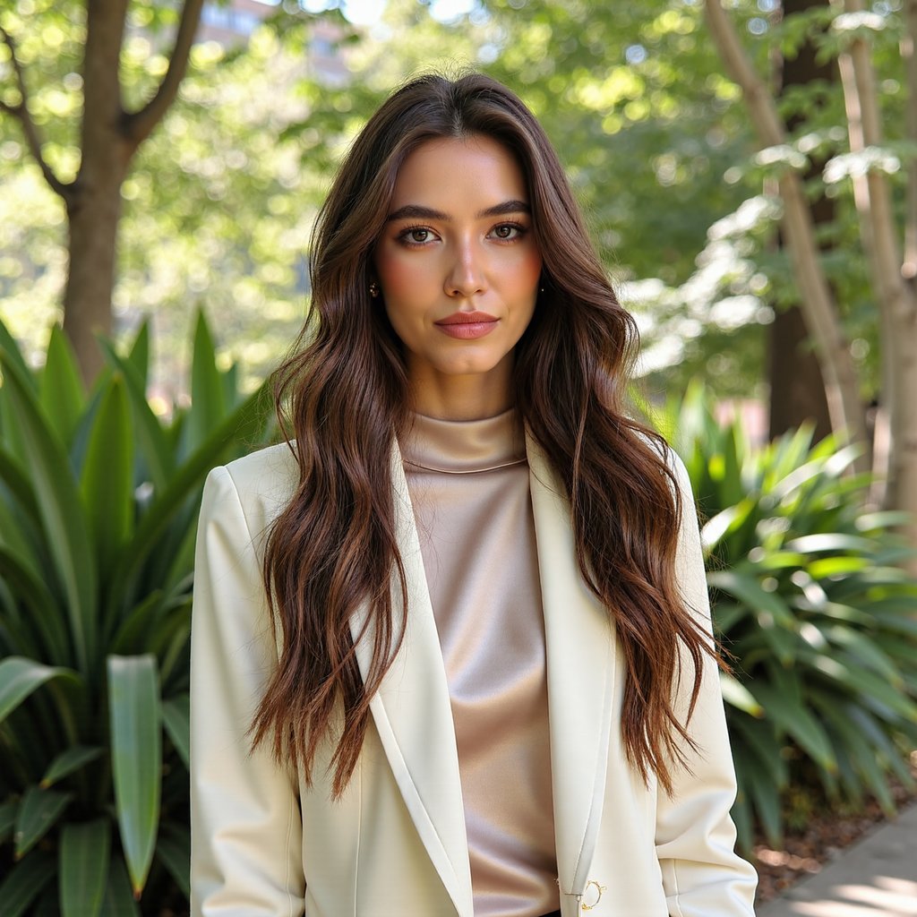 Close-up headshot of an elegant woman standing outdoors in soft natural daylight, her long hair styled in loose, flowing waves that frame her face. She wears a structured ivory blazer over a high-neck silk blouse, with pearl stud earrings and minimal, luminous makeup. Her eyes look directly into the camera with calm, confident poise. The background is softly blurred with gentle shades of green — leafy plants and dappled sunlight filtering through trees, creating a warm, airy garden feel. The image is ultra-realistic, softly lit, and styled with refined simplicity — modern influencer elegance in a natural setting.
