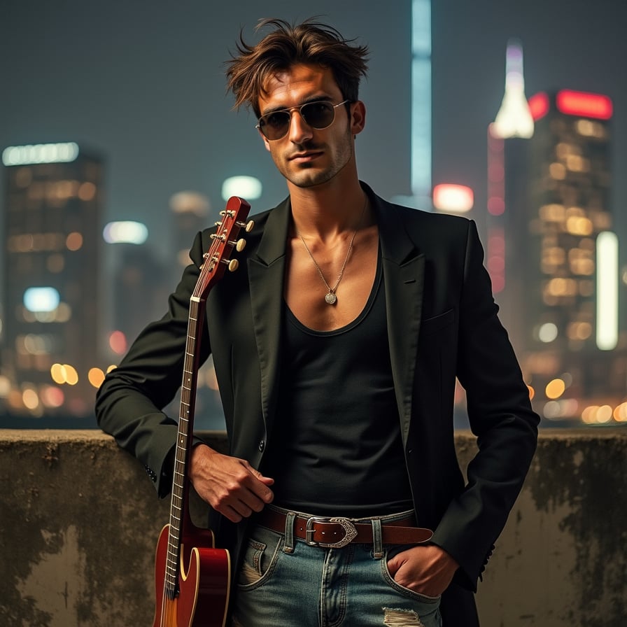 Pose: Standing with his feet shoulder-width apart, with one hand resting on his hip and the other holding a guitar.
Expression: Confident, with a hint of defiance and a sense of nonconformity.
Clothing: A fitted, black tank top and a pair of distressed, high-waisted jeans, giving off a tough, edgy vibe.
Accessories: A pair of aviator sunglasses, a leather belt with a silver buckle, and a messy, undone hairstyle.
Background: A gritty, urban background with a cityscape at night, evoking the feeling of a bustling metropolis.