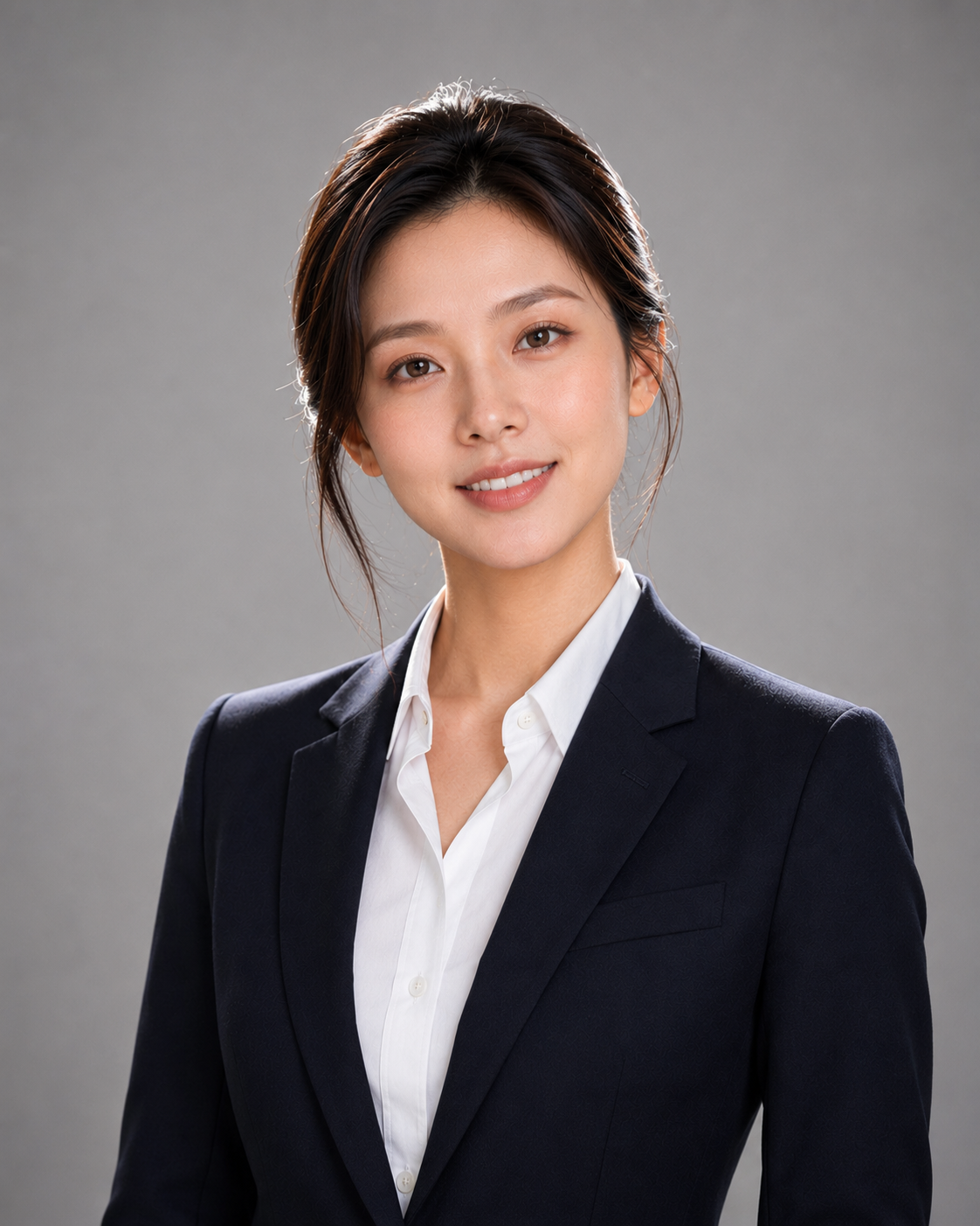 Professional female headshot, navy blazer, white shirt, three-point studio lighting, neutral light grey background, composed confident expression