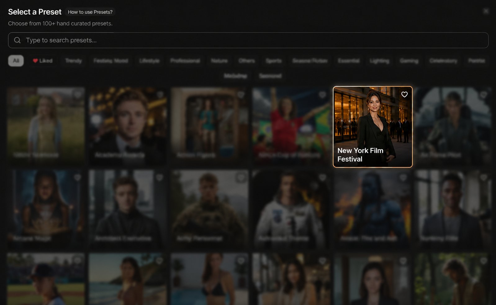 New York Film Festival preset selected in the PhotoGPT preset library