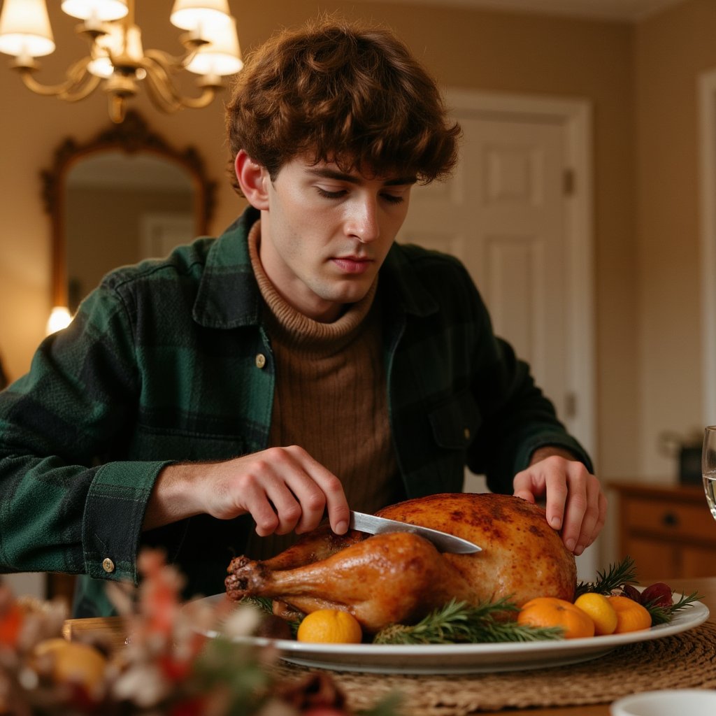 Highly realistic, highly detailed, hyperrealistic HDR waist-up image of a man (male, ~38 yrs) at a Thanksgiving dinner table, mid-action carving a roast turkey. He wears a forest-green flannel shirt with sleeves casually rolled up, soft golden light from a chandelier above illuminating his face. Camera angle ~15° above eye level, focus on expression and hands; background softly blurred — faint glow of candles, wood tones, and warm autumn décor. Fine details: glint of carving knife, sheen of roasted turkey, skin texture, fabric fibers. Mood calm, familial, cinematic. HDR, high resolution, high quality, highly detailed, photorealistic.