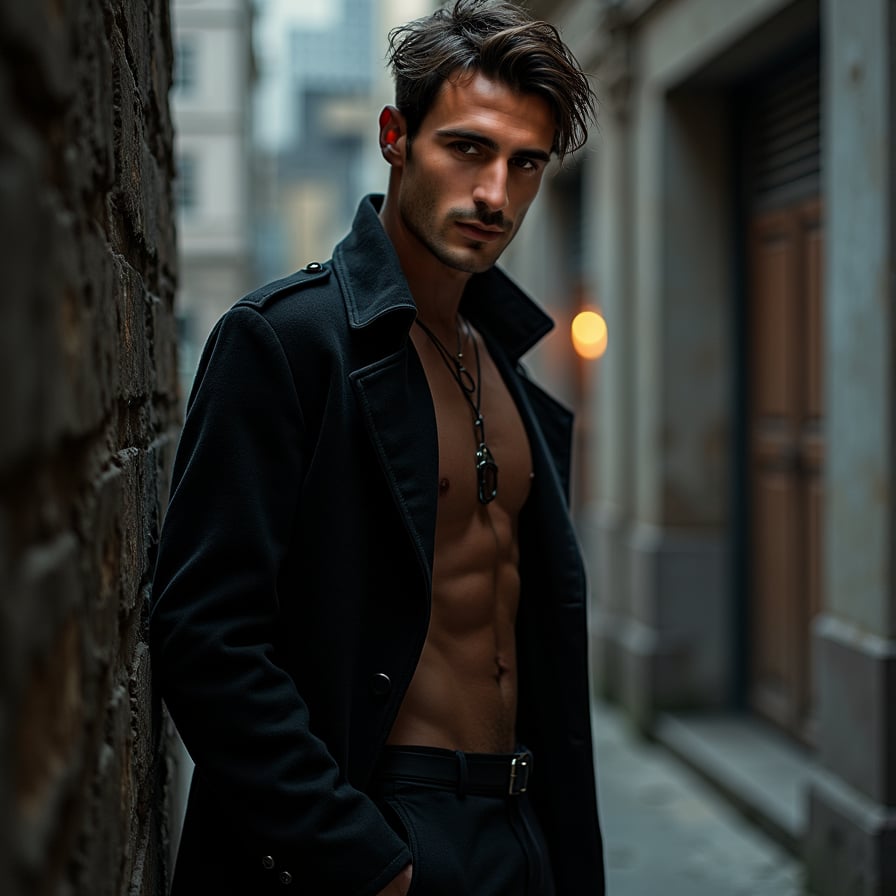 man with a strong artistic vibe. He is styled in dark, textured clothing, with dramatic lighting creating shadows and depth. The background is moody and urban, showcasing an air of mystery and creativity