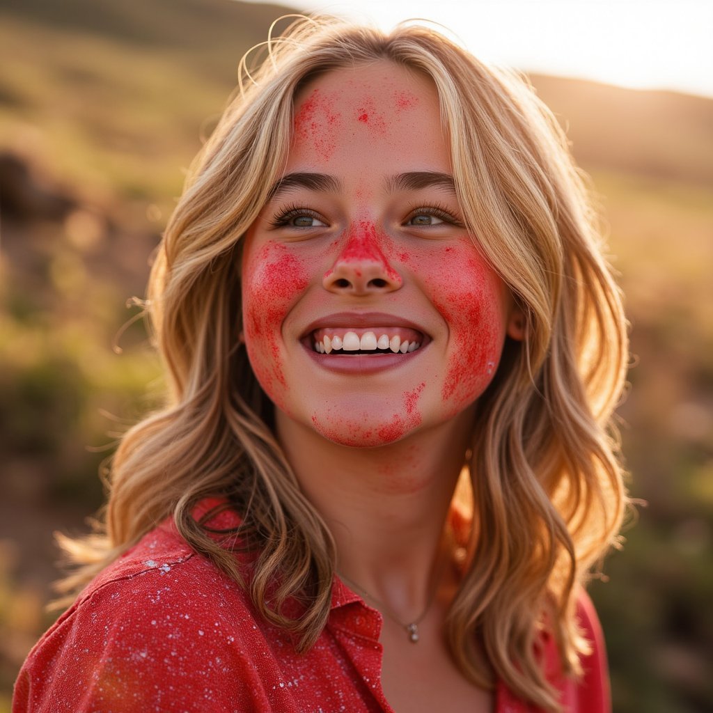woman with a joyful, free-spirited expression, her face and clothing covered in bursts of tomato red. Her presence feels expressive and radiant, with sunlight adding warmth and clarity to every detail. The background is softly blurred, with hints of festive color in the air. Lighting is clean and natural, capturing glistening wet textures and rich saturation. Hyper-detailed, sharp focus, bold colors, lively emotion.