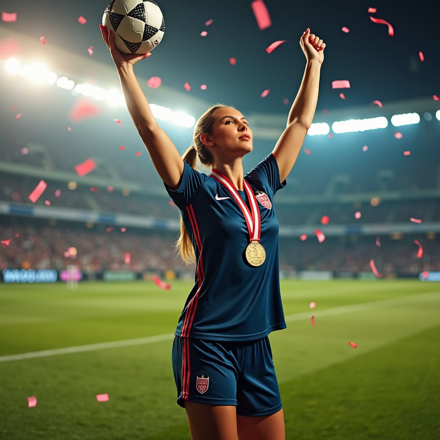 woman in a triumphant pose, proudly holding up the soccer ball with a huge smile on her face, wearing a gleaming championship medal around her neck, dressed in a sleek, high-tech soccer jersey and shorts, radiant with confidence and joy, spotlight shining down on her, confetti and balloons surrounding her, dramatic stadium lights in the background, intense excitement and sense of achievement.