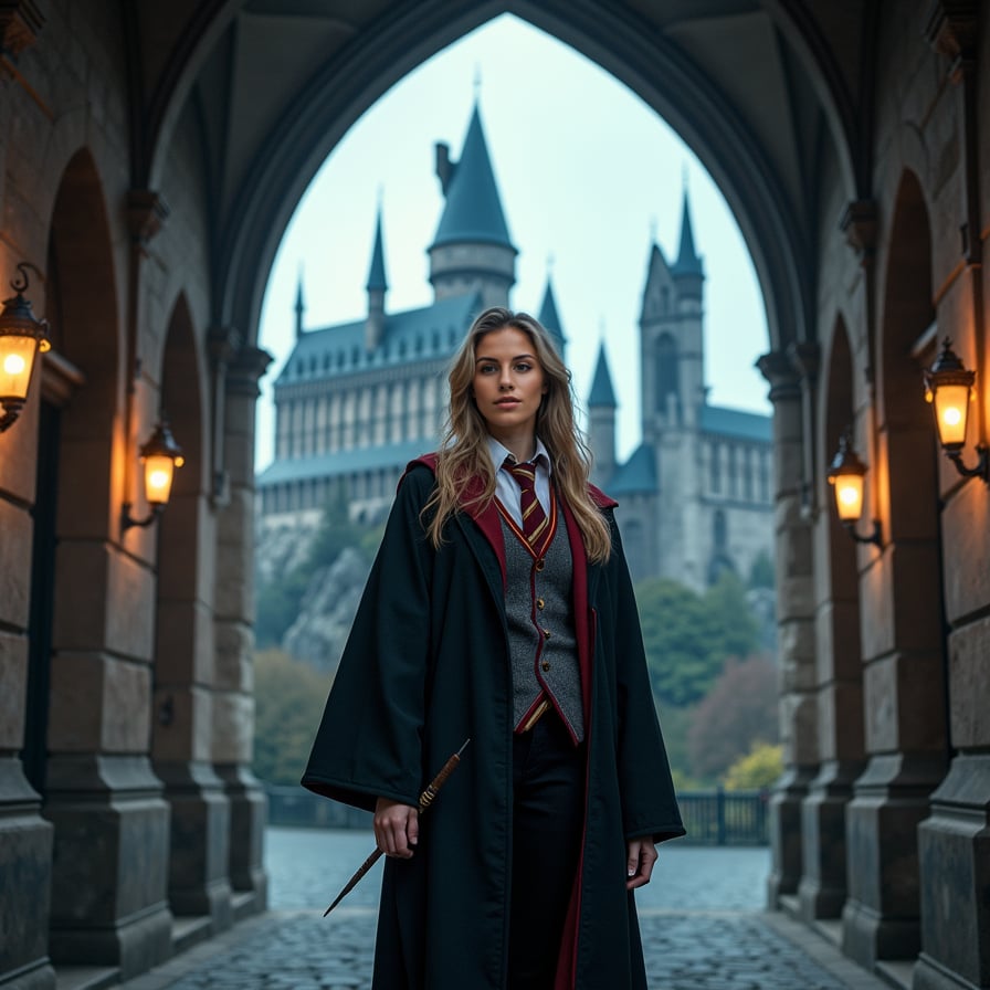 Woman in Hogwarts attire, magical castle, atmospheric fog, soft lighting.