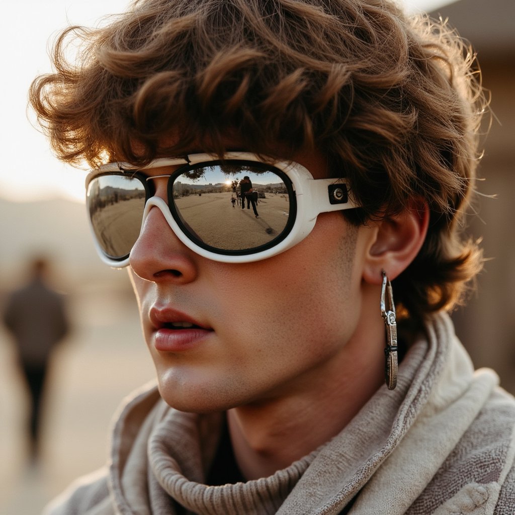 Artistic portrait of a Burning Man attendee wearing mirrored face gear and flowing desert cape, soft focus, surreal desert lighting