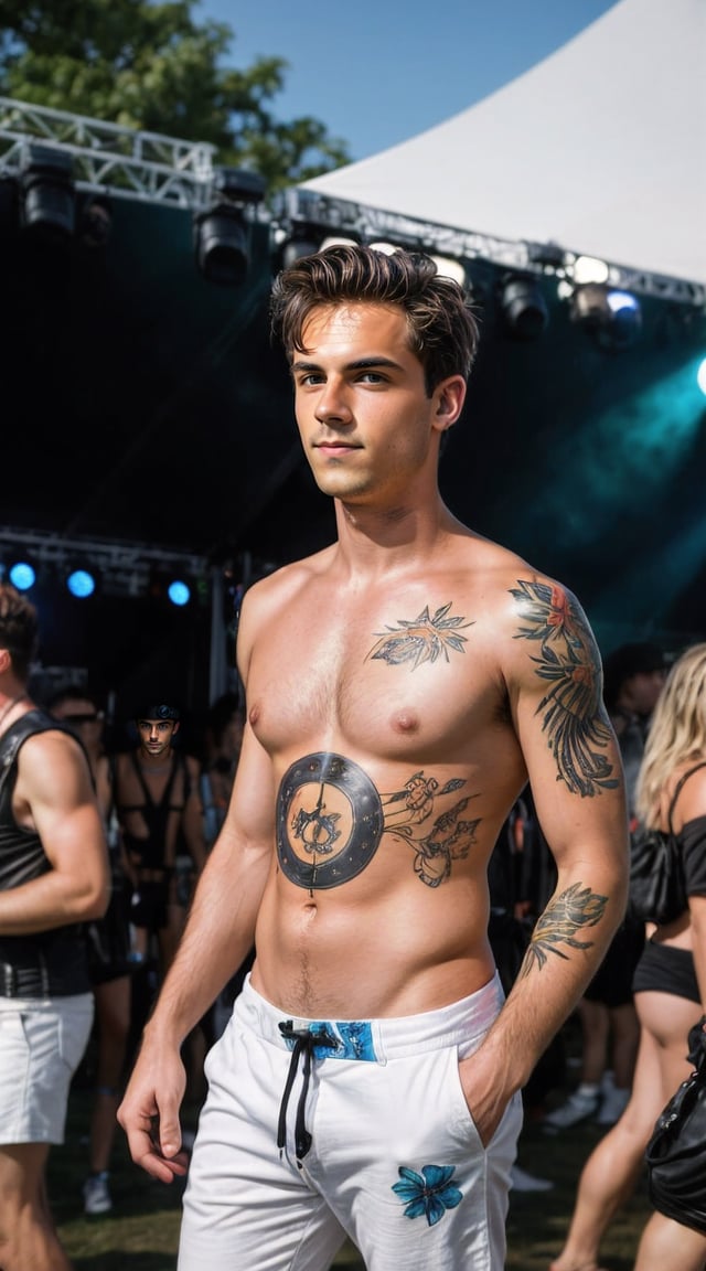 Bold, artistic man, body art, expressive festival spirit.