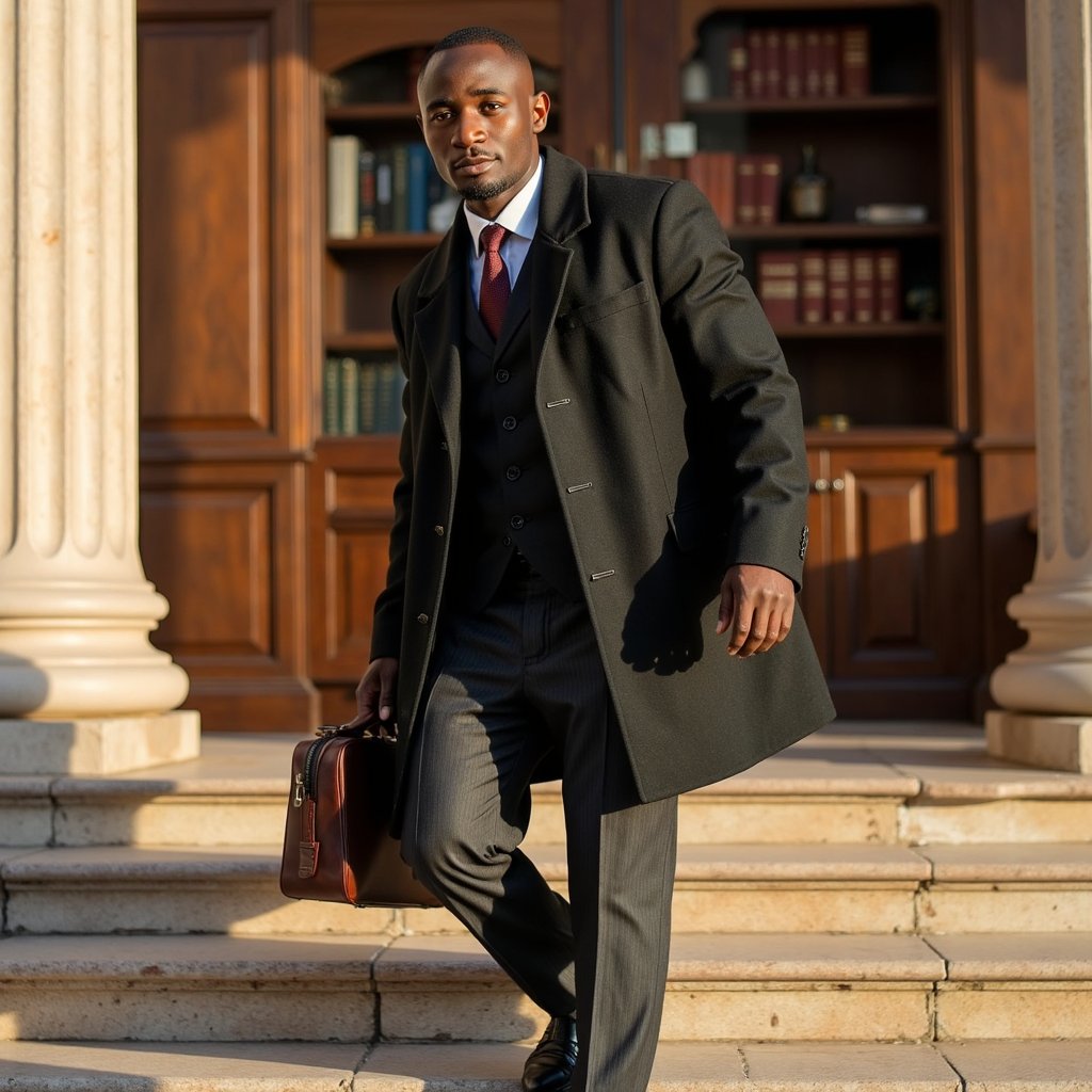 Full-body, 35 mm f/3.2, outdoors. Man in late 30s, medium skin, short buzz cut. Black trench coat over dark grey tailored suit, slim black tie. Walking down courthouse steps, leather briefcase in right hand. Lighting: golden hour sunlight catching edges of coat. Background: blurred courthouse columns.