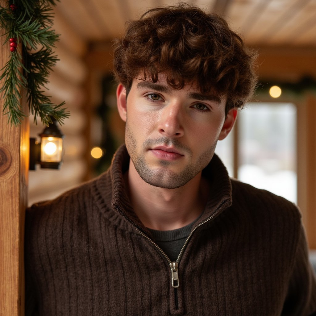 Waist-up portrait of a man inside a wooden cabin decked with subtle Christmas décor. He leans lightly against a wooden beam, hands relaxed at his sides, calm stillness. He wears a dark brown lambswool quarter-zip sweater with visible fiber fuzz, zipper glinting softly.
Hair: messy textured waves; short beard.
Lighting: warm cabin lantern light from camera-left, with a cooler outdoor window glow from behind for contrast.
Background: blurred cabin shelves with pine garland and a couple of minimal ornaments; clean, uncluttered, warm tones.
Camera: 70mm f/2, slight upward angle to add cabin grandeur; highly detailed, highly realistic, HDR showcasing wool texture and wood grain.