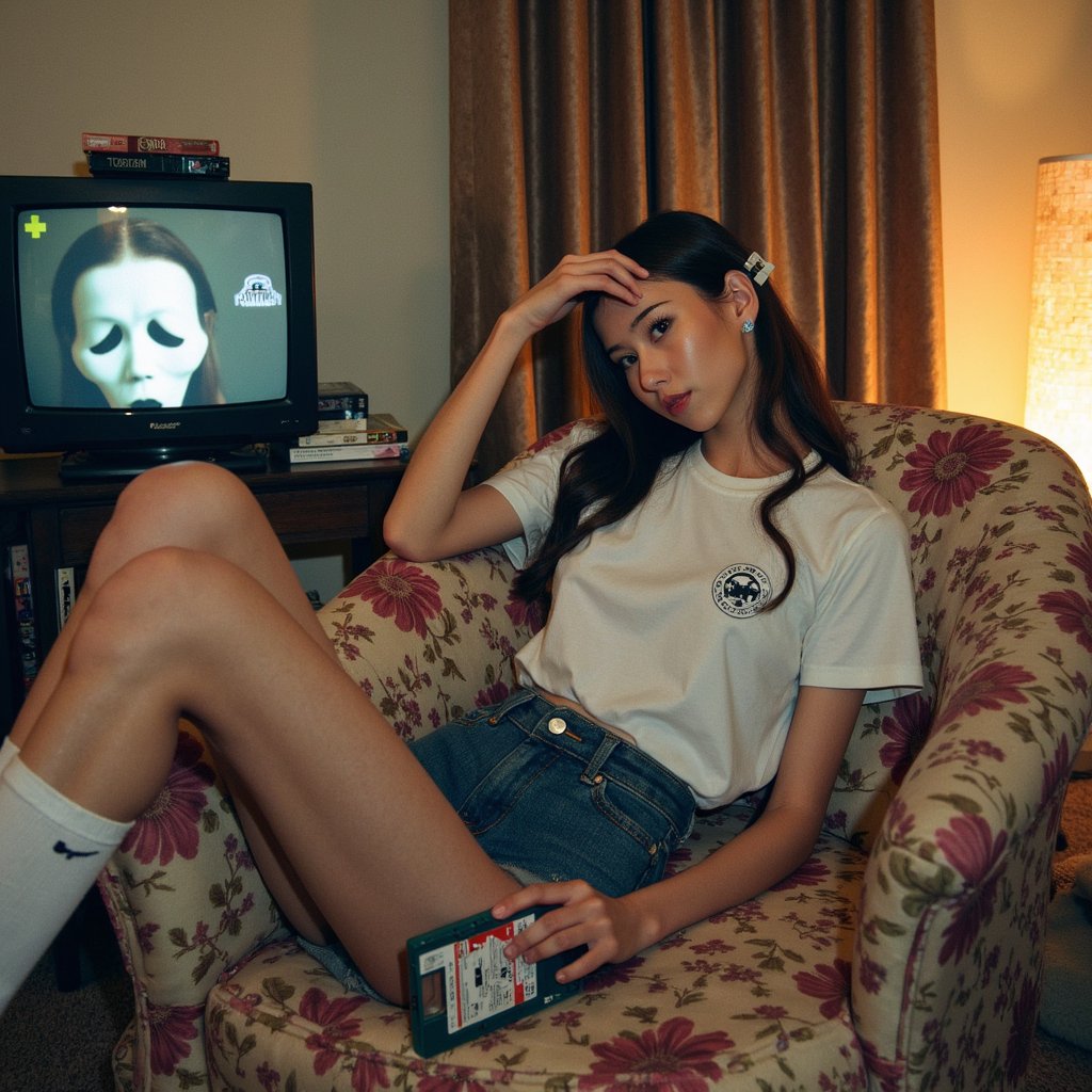 photo of a woman lounging on a floral-patterned couch in a dim 90s style living room. she wears high-waisted denim shorts and an oversized band t-shirt, her legs curled under her with white socks. her hair is voluminous, styled in loose waves with chunky clips on each side. she flips through a vhs tape with one hand while resting her head thoughtfully on the other. the room is cluttered with a stack of tapes, a fuzzy television screen flickering static in the background, and a floor lamp casting a soft orange glow. ghostface from scream is reflected faintly in the tv screen, his mask glowing through the static as though watching from inside the scene. the overall look should feel like a grainy film still from a retro horror movie.