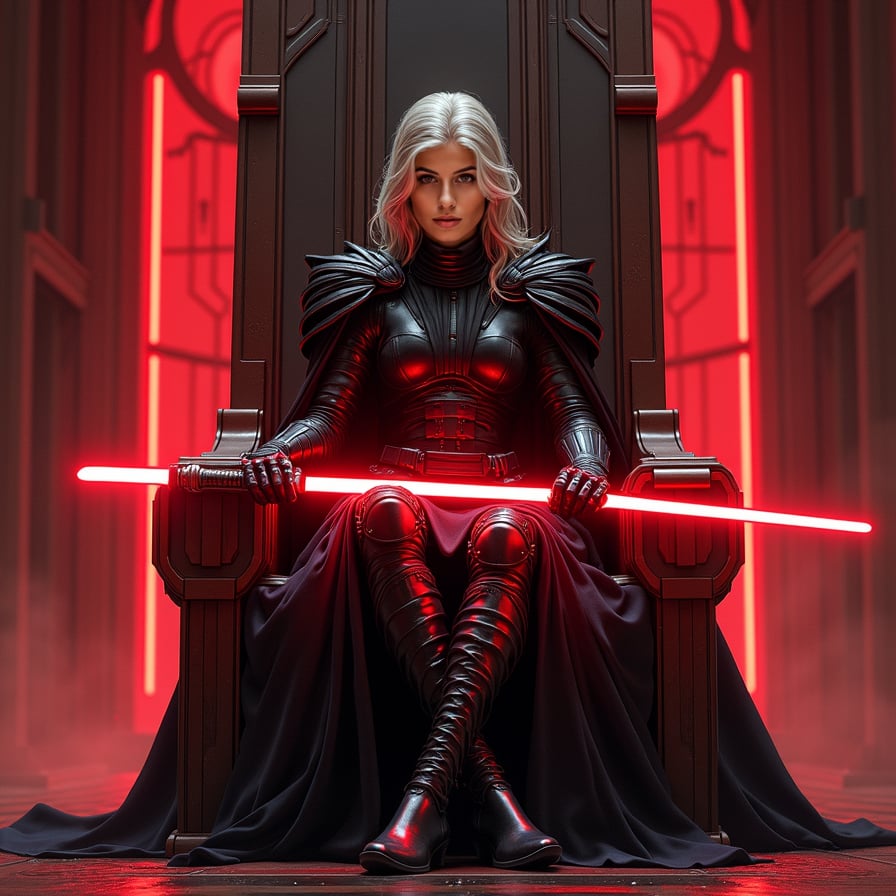 A powerful female Sith sits on a throne, facing the camera with a fierce and intense gaze. The shadows around her are illuminated by her red lightsaber, which she holds across her lap. Her dark armor and the ominous, red-lit chamber create an intimidating atmosphere.