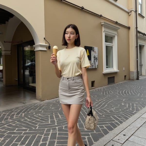 Photorealistic street fashion photo, a stylish young woman walking toward the camera holding an ice cream cone, mid-stride, smiling. European old town street with arched beige building facade in the background. Subject perfectly sharp and crisp, background shows strong horizontal motion blur streaks (speed swipe effect) as if the camera panned fast. Natural daylight, 35mm lens look, shallow depth of field, cinematic realism, high detail, Instagram editorial style, 4:5 vertical composition.
