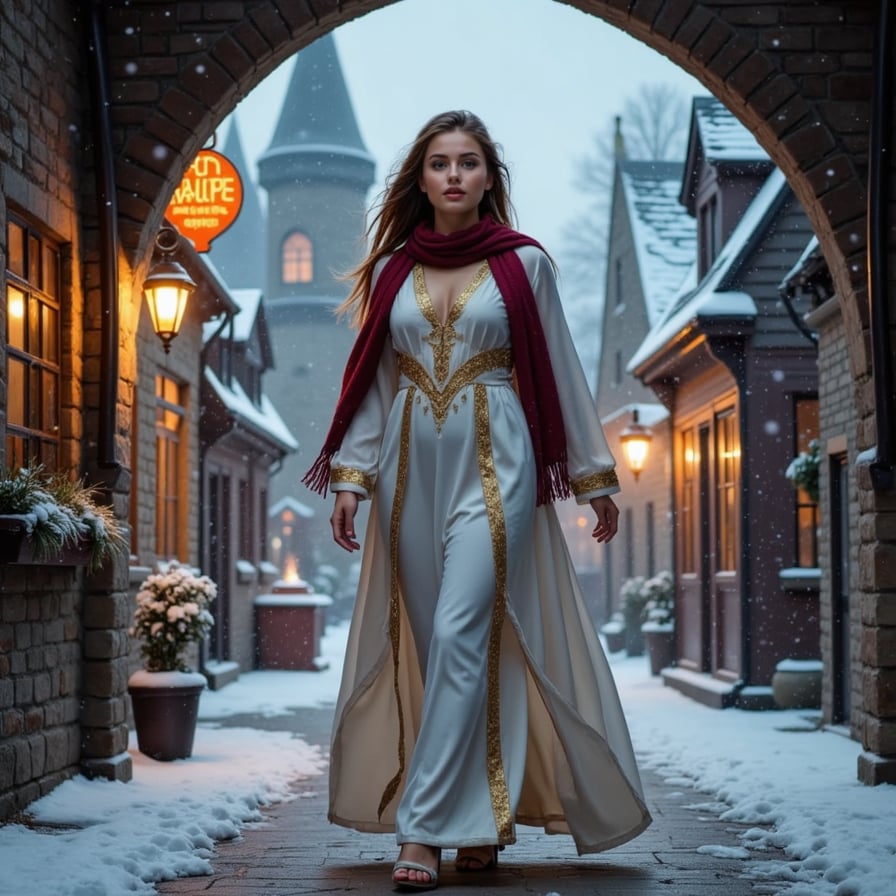 young witch in long, flowing white robe with intricate golden trim, wrapped in a warm, crimson scarf, walking through a snowy village at dusk, surrounded by glowing windows, gently falling snowflakes, warm cottage lights, and magical shop signs, evoking a cozy, whimsical fantasy atmosphere.