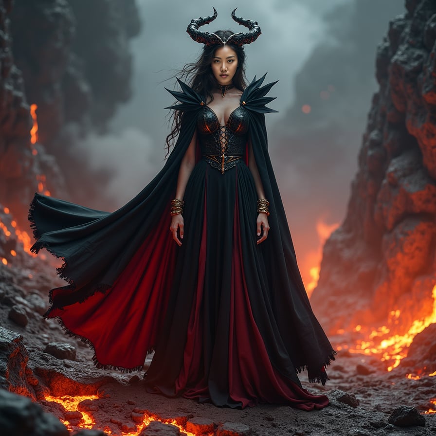 Create a grand scene of a vampire goddess standing in a fiery underworld, surrounded by rivers of lava and jagged rocks. She has an ethereal beauty, with eyes that burn like embers and a crown made of twisted black metal. Her flowing black and red gown appears to be made of smoke and flame, and her arms are adorned with ancient-looking golden bracelets. The atmosphere is intense and majestic, with flames reflecting off her skin, creating a powerful and awe-inspiring presence