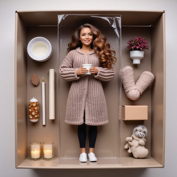 Wrapped in a chunky knit blanket, this figure holds a book in one hand and hot cocoa in the other. Includes: candles, fuzzy socks, sleepy cat figure, and fairy lights.