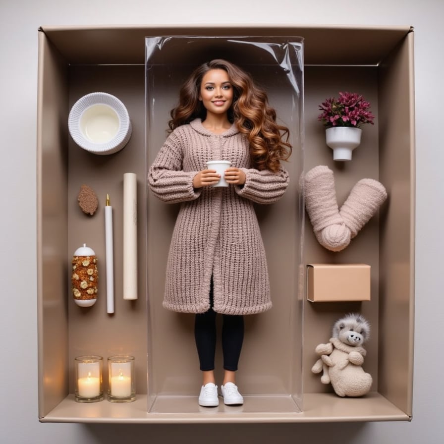 Wrapped in a chunky knit blanket, this figure holds a book in one hand and hot cocoa in the other. Includes: candles, fuzzy socks, sleepy cat figure, and fairy lights.