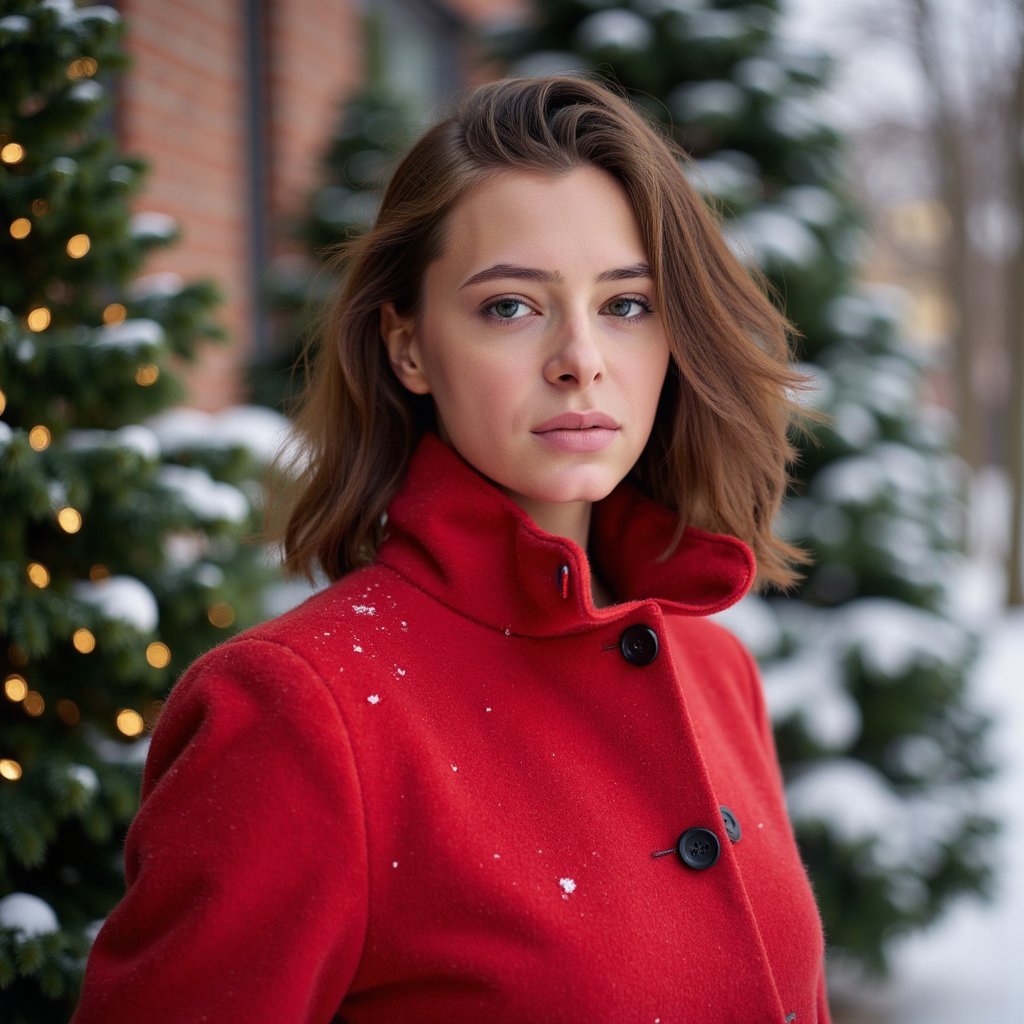 Waist-up outdoor portrait of a woman wearing a vivid red wool coat with a structured collar and black buttons; coat texture visible in crisp detail. She stands slightly turned away from the lens, looking gently back with a soft expression, still pose.
Hair: loose, soft curls with snowflakes resting naturally on the strands.
Makeup: natural glam—soft brown eyeliner, rosy cheeks, satin neutral lips.
Lighting: bright overcast snow-reflected light creating soft, even illumination; subtle highlights on coat fibers.
Background: blurred snowy evergreens with tiny golden fairy lights; minimal clutter.
Camera: 85mm f/2, eye-level; highly detailed, highly realistic, HDR, snowflakes, coat fibers, and eye reflections rendered sharply.
