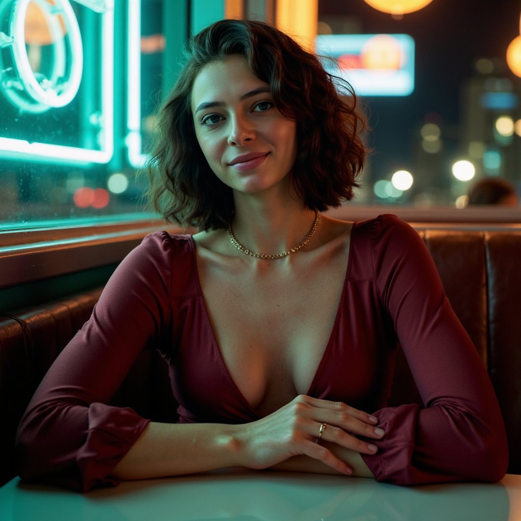 A cinematic portrait of a woman (early 30s) seated in a retro diner booth at night, waist-up, camera slightly to the side (3/4 angle) so her shoulder is closer to lens, creating depth. Hair: voluminous curly bob, glossy, defined curls. Face: realistic skin texture, subtle blush, faint smile that feels guarded, eyeliner sharp but not overdone, reflections of neon in her eyes. Wardrobe: deep red satin blouse with realistic sheen and micro-wrinkles, delicate gold chain necklace, sleeves slightly rolled. Lighting: neon sign outside window casts teal highlights on one side of her face, a warm tungsten practical from above adds golden fill, subtle reflections on tabletop; background is softly blurred diner interior with minimal shapes, no readable signage. Camera: 50mm lens, f/1.8, shallow DOF, cinematic teal-orange grade, realistic highlights and shadow detail. Highly detailed, highly realistic, HDR quality, cinematic color grading, minimal background clutter.