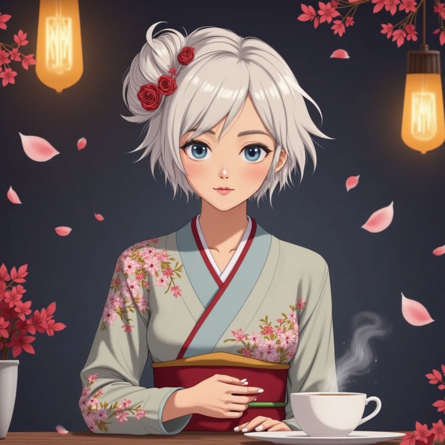 A serene woman with glowing white hair, dressed in a traditional kimono decorated with sakura petals. She serves tea to weary travelers in a mystical tea house hidden between worlds, her eyes holding secrets of a thousand years.
