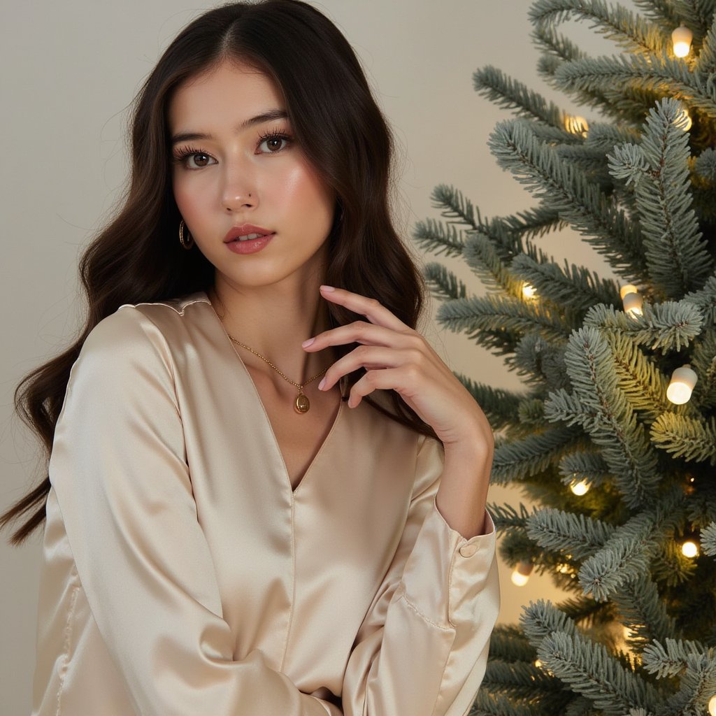 Head-and-shoulders portrait of a woman against a clean, elegant evergreen backdrop decorated with tiny warm fairy lights. She faces the camera calmly with a serene, Christmas-card expression. She wears a cream satin blouse with soft sheen and a gold pendant necklace.
Hair: voluminous soft curls parted to one side.
Makeup: holiday glam—soft shimmer eyeshadow, long curled lashes, warm pink lipstick.
Lighting: balanced beauty softbox from the front with a gentle hair-light from above to define curls.
Background: dark green pine branches with gentle glowing bokeh; minimal clutter, clean composition.
Camera: 85mm f/2.2; highly detailed, highly realistic, HDR, showing satin shine, hair texture, and precise bokeh.