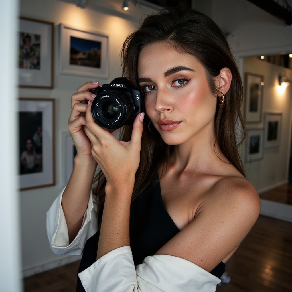 Bold close-up of a female photographer adjusting her lens, eyes focused, monochrome outfit, dramatic lighting setup, honoring World Photography Day creators