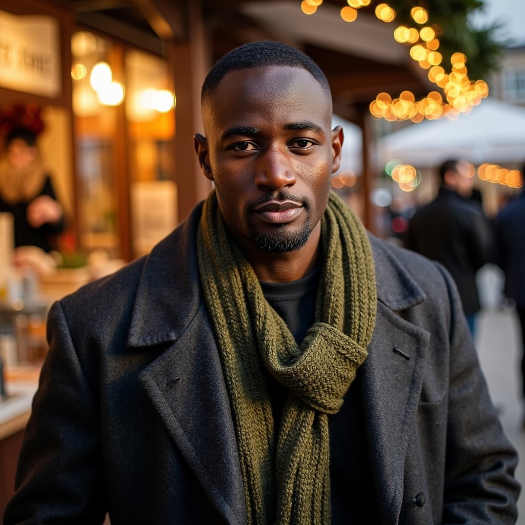 Head-and-shoulders portrait of a man at a Christmas market, framed slightly off-center. He wears a charcoal wool peacoat and a textured olive knit scarf wrapped neatly.
Hair: styled with matte texture; short beard with crisp definition.
Lighting: warm market stall lights from behind creating golden rim light, with soft diffused key from the front.
Background: blurred warm bokeh from market booths and string lights—no clutter, clean, inviting glow.
Camera: 50mm f/1.6; highly realistic, highly detailed, HDR, revealing wool fibers, scarf stitching, and rich market light.