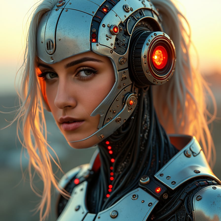 Detailed female cyborg, cyberpunk aesthetics, neon, intricate, photorealistic.