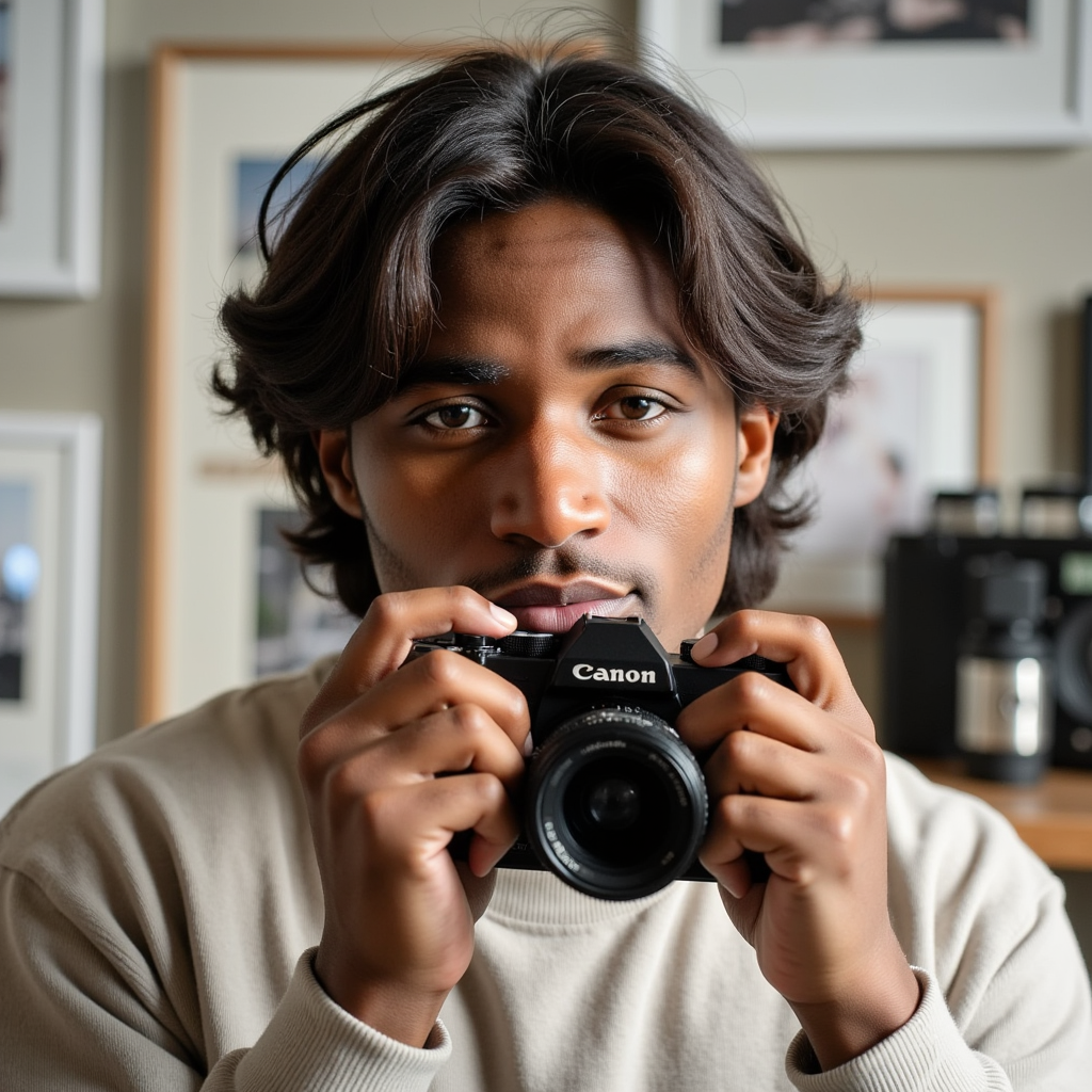 Portrait of a documentary-style photographer holding a camera with both hands, w