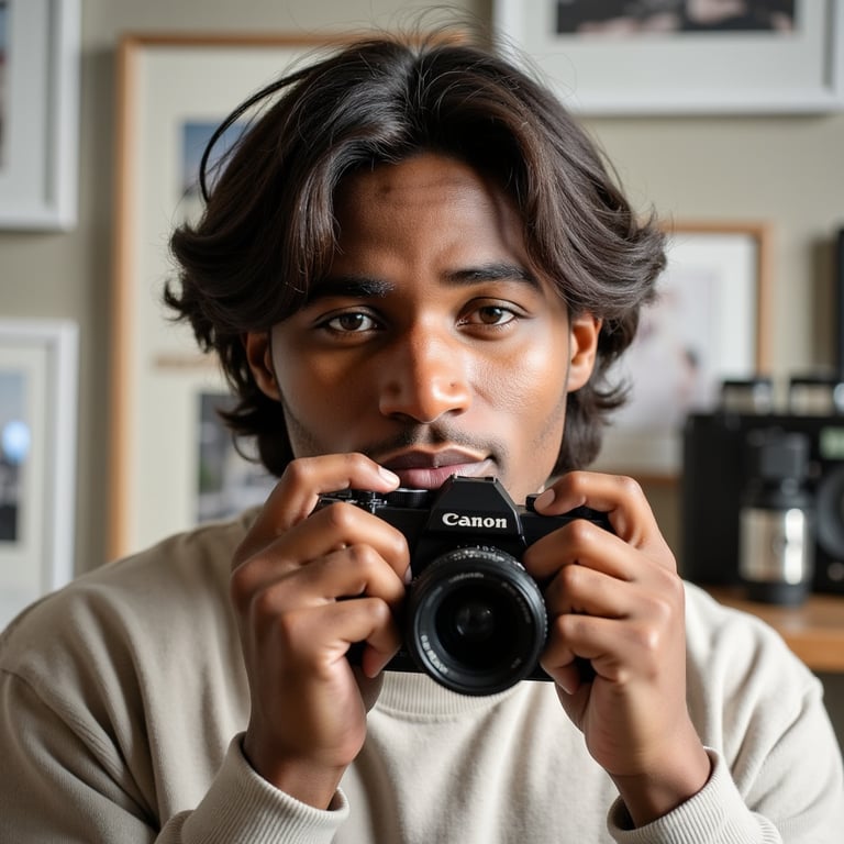 Portrait of a documentary-style photographer holding a camera with both hands, w