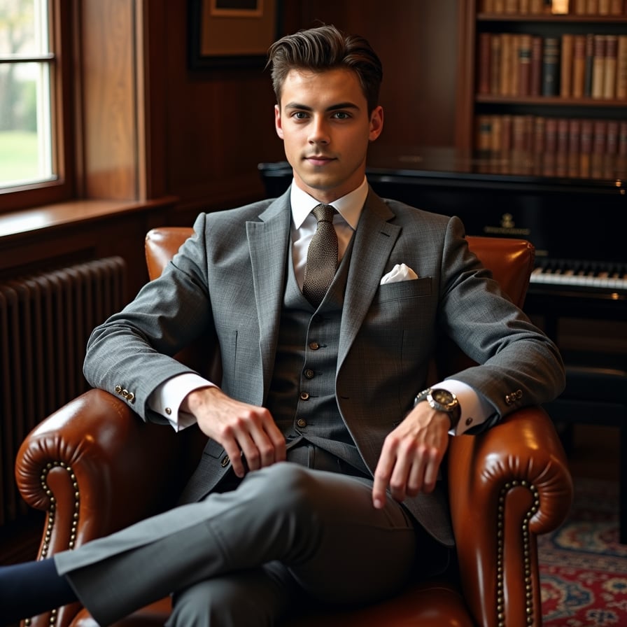 man styled for a classic and elegant look. He is seated in a leather armchair with a subtle backdrop of wood-paneled walls or a grand bookcase. He is wearing a tailored suit, with lighting that enhances his poised and polished demeanor