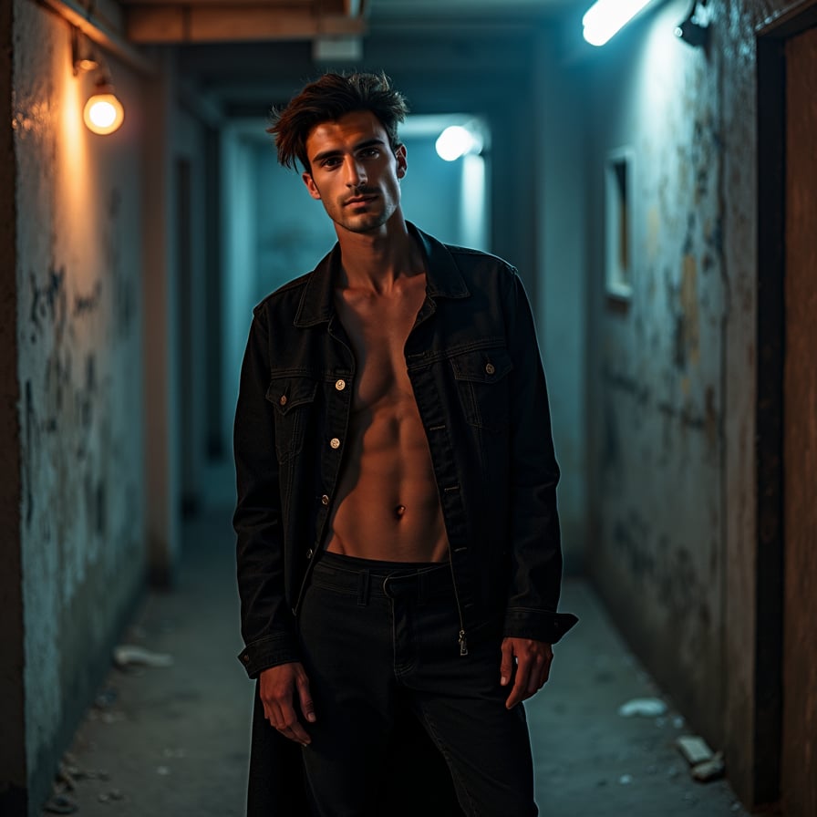 man with a strong artistic vibe. He is styled in dark, textured clothing, with dramatic lighting creating shadows and depth. The background is moody and urban, showcasing an air of mystery and creativity