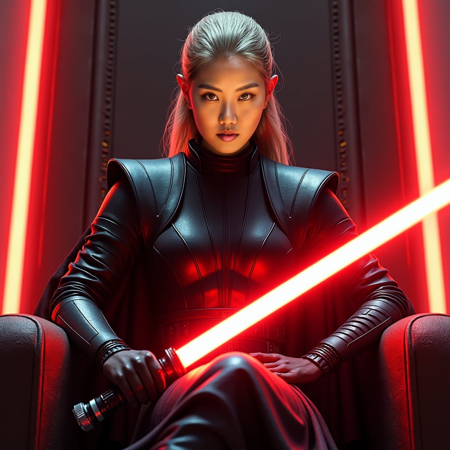A powerful female Sith sits on a throne, facing the camera with a fierce and intense gaze. The shadows around her are illuminated by her red lightsaber, which she holds across her lap. Her dark armor and the ominous, red-lit chamber create an intimidating atmosphere.