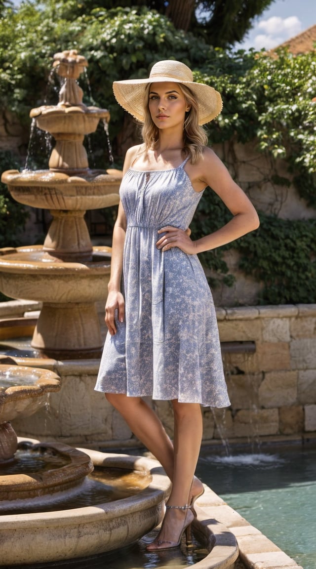 Woman in sundress, ancient European fountain, soft warm lighting.