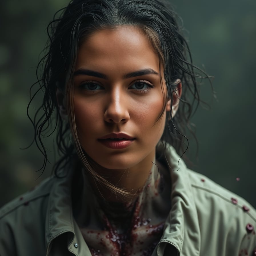 Zombie woman, torn clothing, eerie background, menacing look.