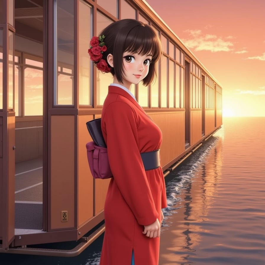 girl in vibrant red traditional Japanese dress, standing on a serene boat-like train, gliding across calm waters, surrounded by soft warm golden tones of sunset, accompanied by No-Face, eerie and mystical, in a dreamlike setting.