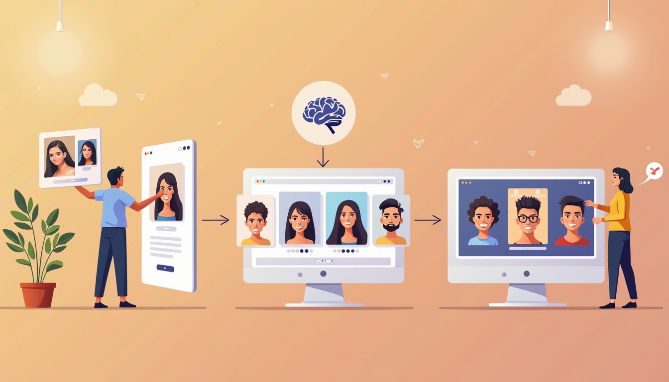 A minimalist 3-step flat illustration depicts a user uploading multiple selfies to a sleek website with a modern UI on a white background with soft gradients. The AI brain or cloud gear icon processes the images in the second step. Finally, in the third step, polished headshots appear on a screen, showcasing a seamless transformation from raw selfies to refined portraits.