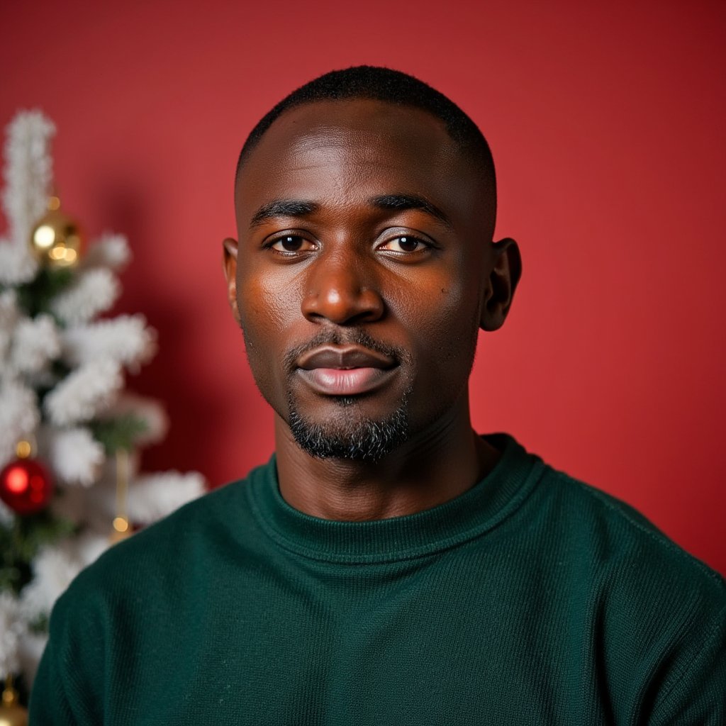 Headshot of a man in a modern photo studio with a matte red backdrop providing a bold Christmas theme. He faces the camera straight-on, expression confident but soft. He wears a dark forest-green cashmere crewneck, ribbed collar visible in detail.
Hair: short fade with neatly styled top; light stubble.
Lighting: classic studio beauty lighting — large softbox frontal key plus gentle kicker from camera-left; even skin illumination, soft shadows.
Background: smooth seamless red, no clutter; subtle gradient from light falloff.
Camera: 85mm f/2.2; highly detailed, highly realistic, HDR, showing crisp knit detail and natural skin texture.