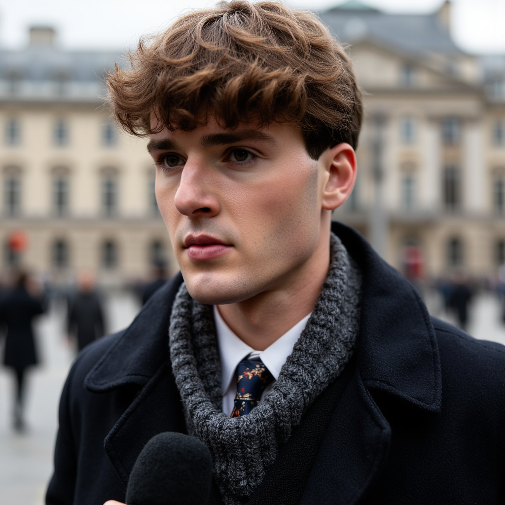 Highly realistic, highly detailed HDR image of a man journalist in a dark wool o