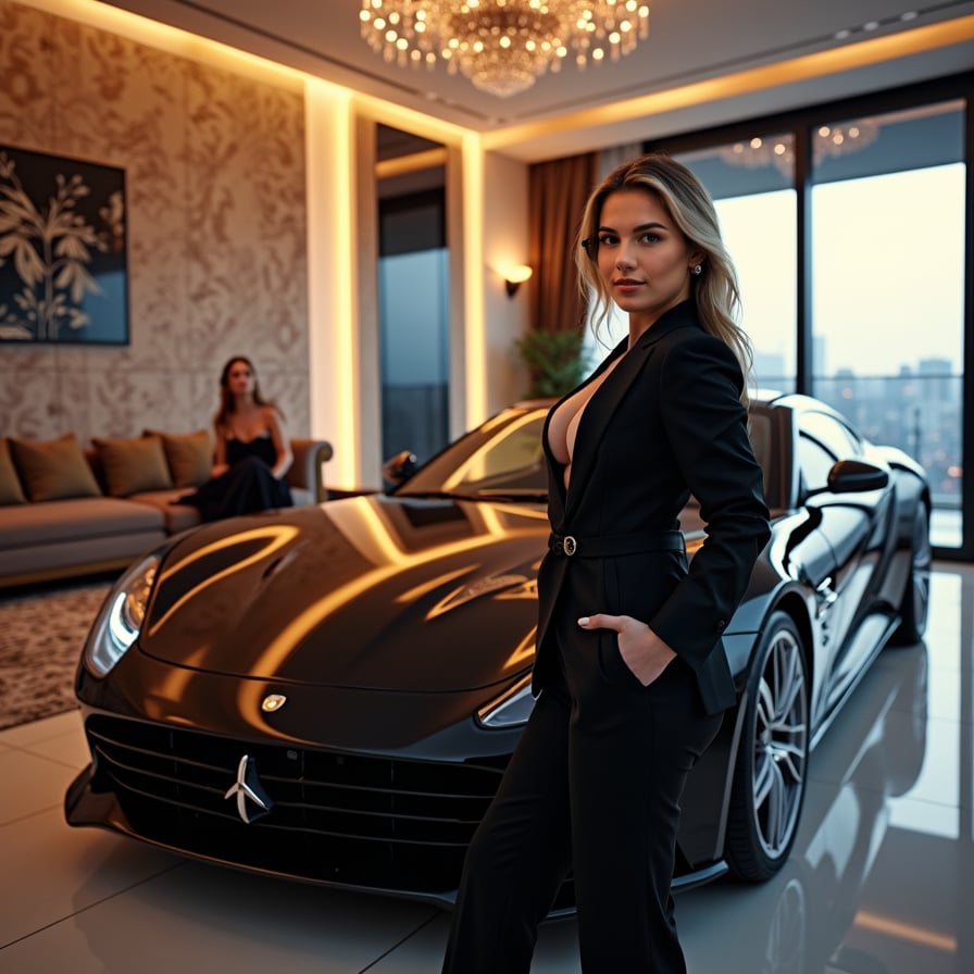 woman posing confidently in front of a sleek, black luxury sports car, dressed in a tailored black tuxedo and sunglasses, under the soft glow of city lights at dusk