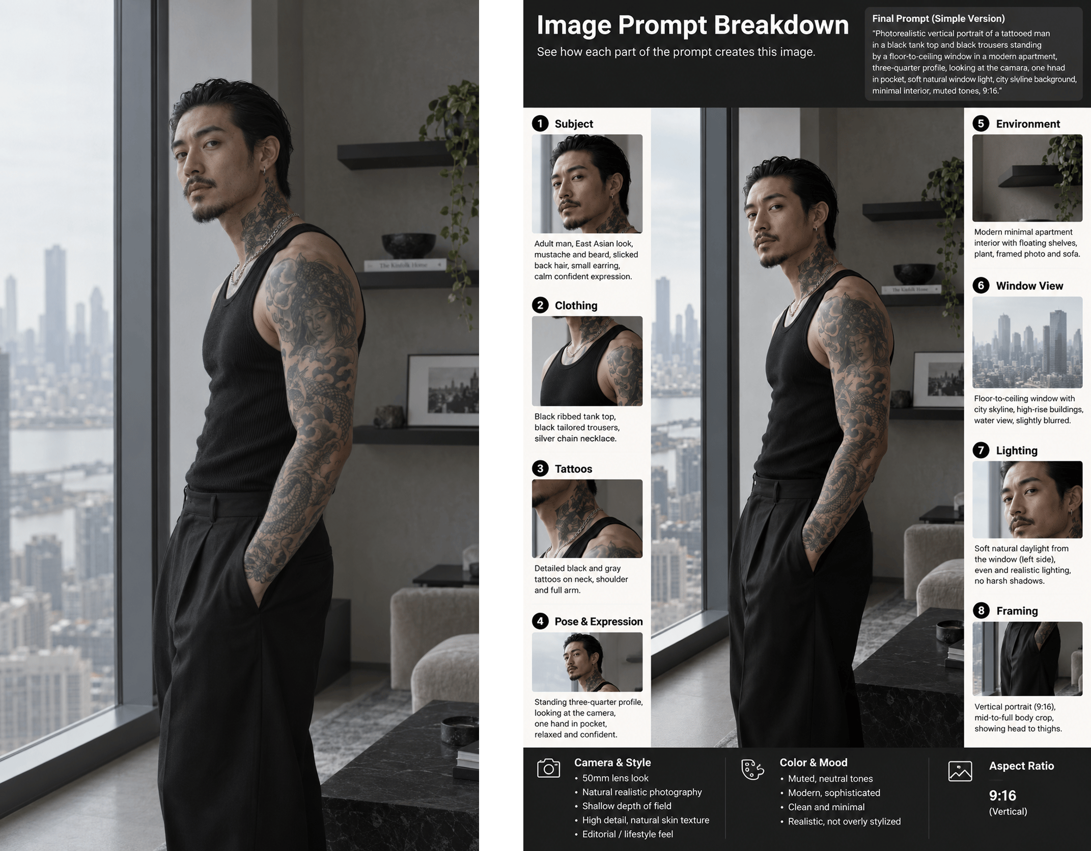 Detailed portrait result with prompt breakdown