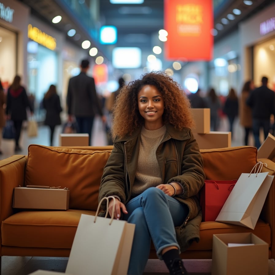 A person sitting on a couch, surrounded by shopping bags and boxes, with a satisfied expression