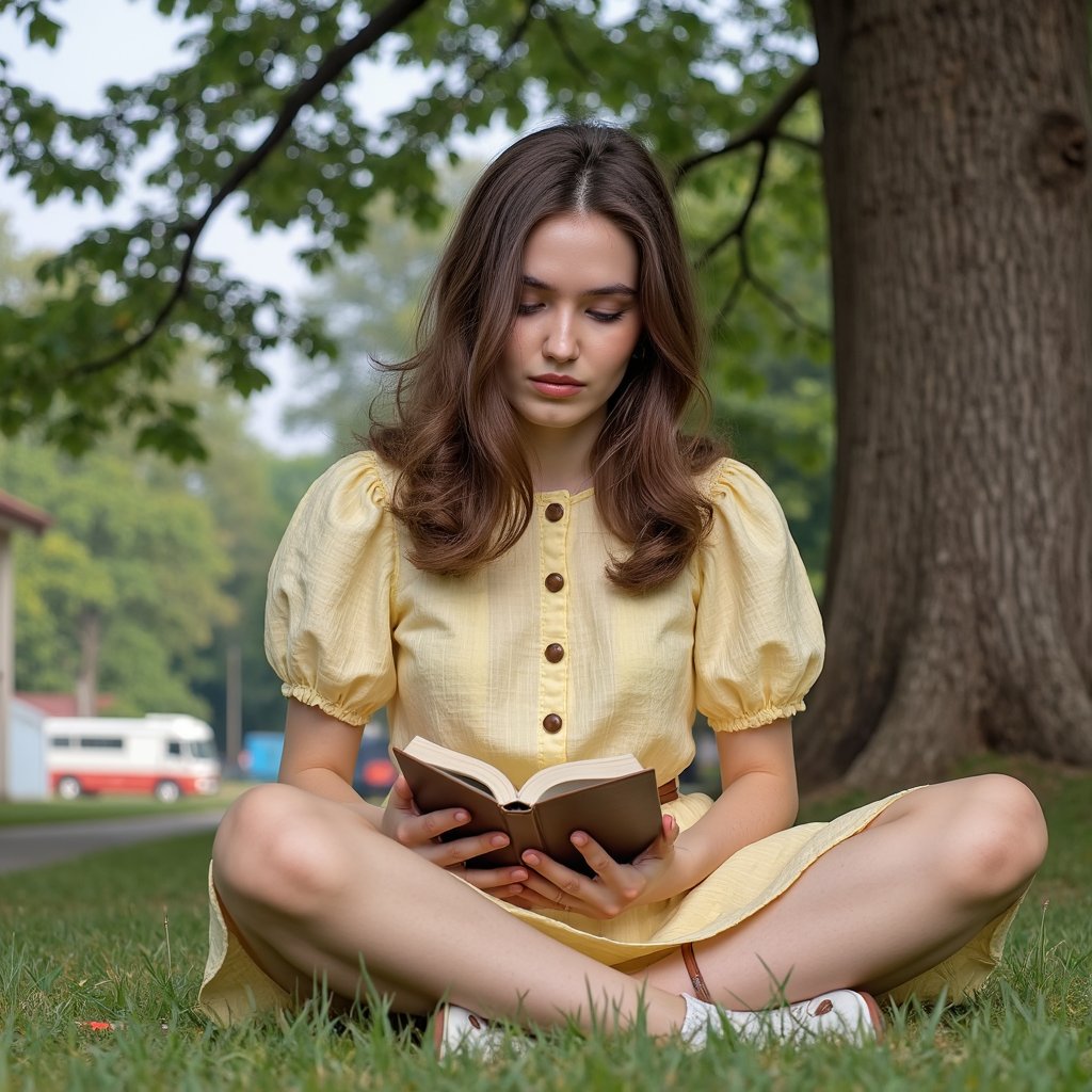Highly realistic 1960s outdoor yearbook shot of a girl sitting cross-legged on the grass under a large oak tree, captured from a low angle with a 35mm lens. She wears a pastel yellow cotton dress with short puff sleeves, fine vertical ribbing visible in the fabric, and a fitted waistline. A thin brown leather belt cinches the dress, slightly worn at the holes. Her brunette hair is styled in loose waves, a white ribbon tied at the nape. She’s holding a paperback book in both hands, looking down at the page with a faint smile. Skin shows warm golden highlights along the cheek and nose, eyelashes casting delicate shadows. The background is a soft blur of dappled sunlight through leaves, with the texture of grass blades in the immediate foreground rendered in fine detail.