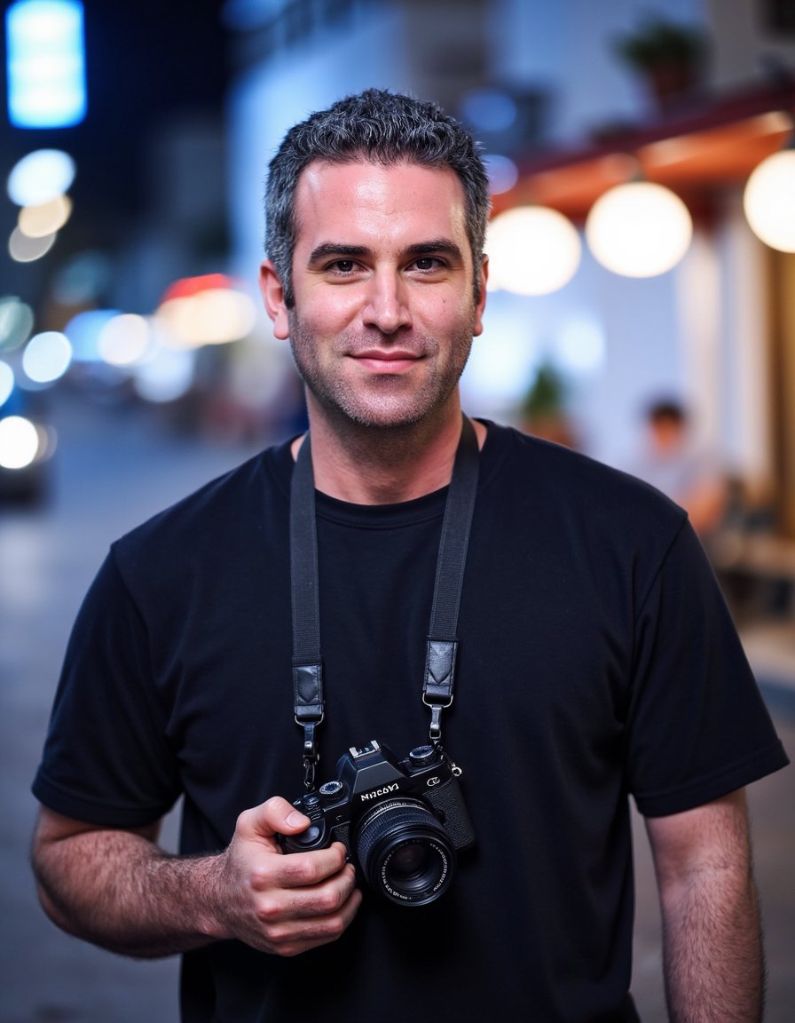 Waist-up portrait of a man in black casual shirt and camera strapped across his body. Soft smirk, body at 45-degree angle. Background: blurred neon lights and urban nightscape. Wide aperture effect for strong bokeh. Light reflections on face and camera, showcasing texture depth and sharp realism.