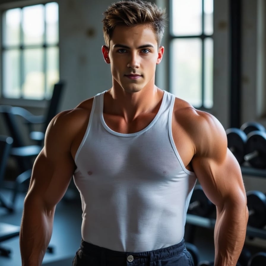 man with intense expression, flexing muscular arms, wearing a sleeveless gym shirt, in a dimly lit, atmospheric gym setting surrounded by weights and dumbbells, under moody, cinematic lighting that accentuates every ridge of muscle definition.