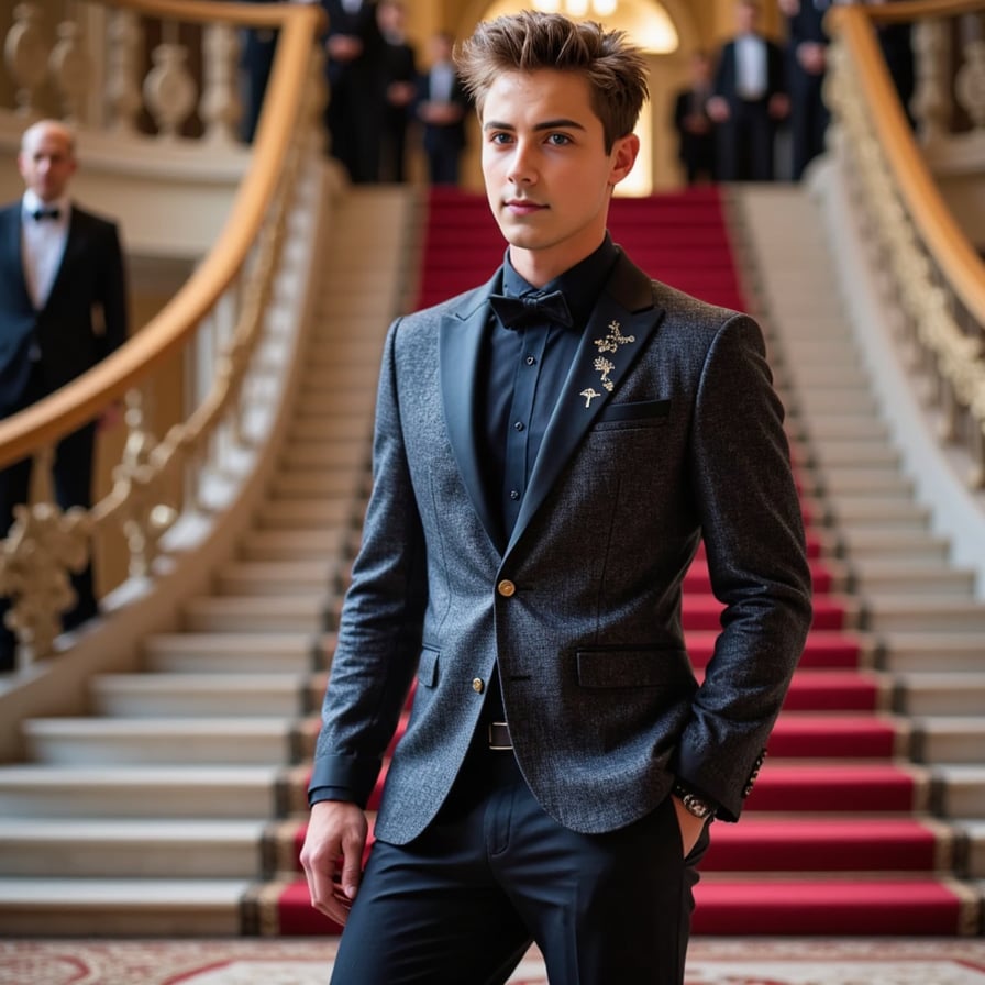 A futuristic tuxedo with metallic textures and LED accents, inspired by cyberpunk fashion, worn by a confident male model on the Met Gala red carpet.