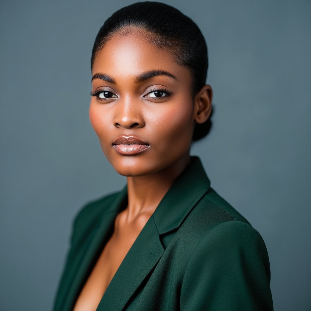 woman wearing a dark green blazer. Her hair is softly pulled back, with a few strands elegantly framing her face. She has subtle mascara and glossy nude lipstick, with realistic gloss reflections. The diffused studio lighting sculpts her cheekbones, emphasizing her clean skin texture. She is captured in a front-on close-up, set against a solid soft blue or grey background.