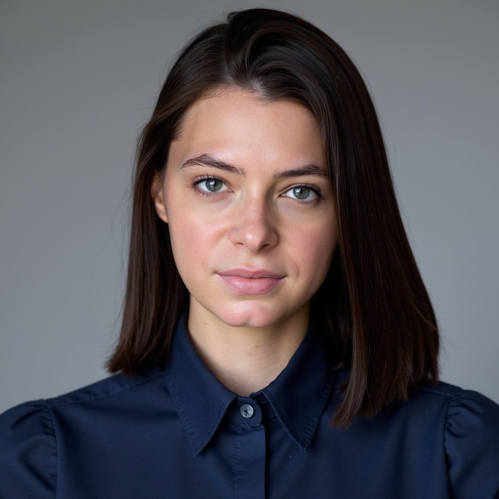 A highly realistic, HDR passport photo of a woman in her late 20s, wearing a simple yet elegant navy blue blouse. Her straight black hair is neatly parted in the middle, falling just below her shoulders. The lighting is soft and diffuse, coming from above to cast a flattering glow on her face and soften any harsh shadows. The background is a soft blur of light gray, creating a subtle contrast with her attire. The subject is positioned slightly to the left of the frame, with the camera angle facing her directly but slightly tilted, capturing a calm, professional expression. The blouse fabric is crisp and textured, with slight light reflection visible on the fabric's surface. The camera focuses on her face, capturing her detailed features like skin texture, eyes, and the fine details of her blouse.